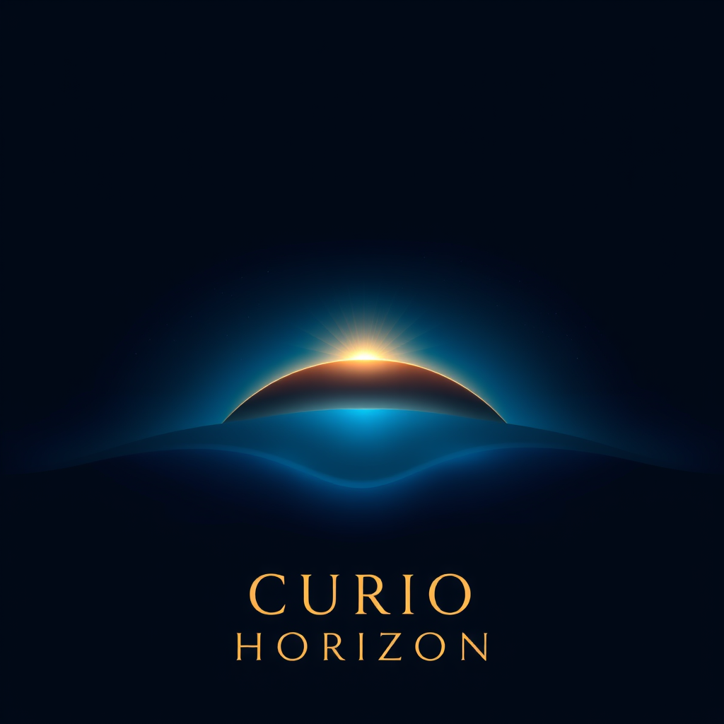 Main logo studio: Create a breathtaking premium logo for “CURIO HORIZON”. Deep navy background with a smooth blue and violet cosmic glow, tiny elegant stars, and a lumi