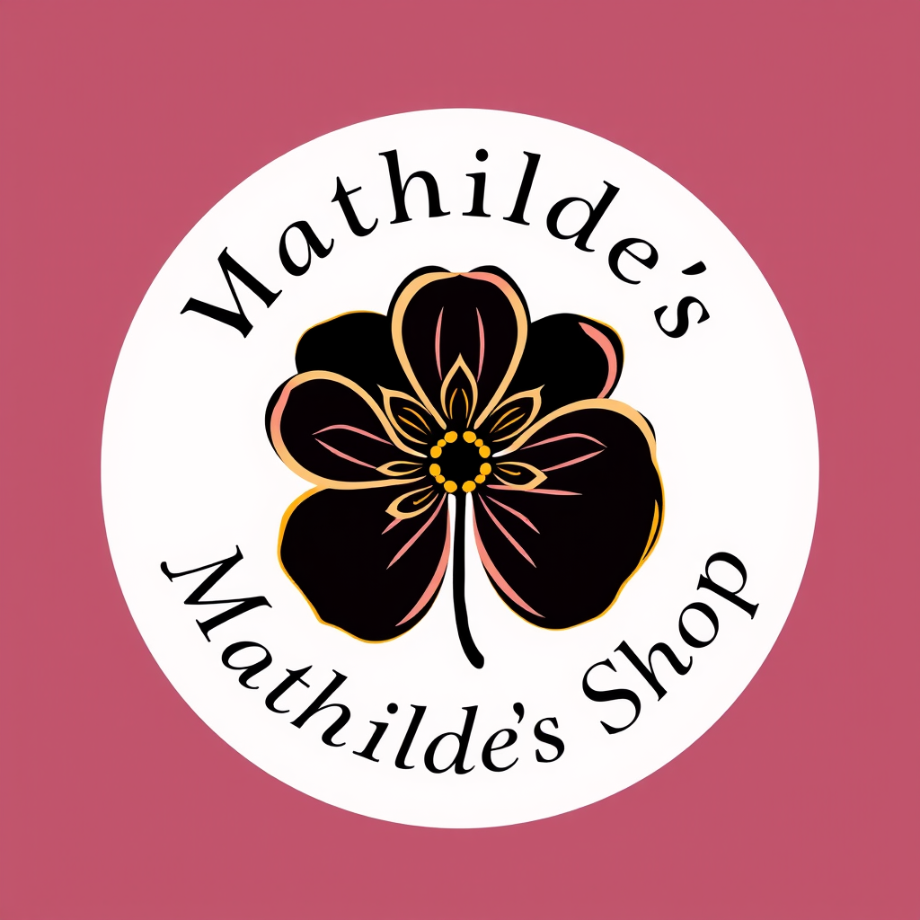Main logo studio: Elegant jewelry shop logo, one-line flower inside a circle, pink, black and gold, cute and luxurious. Text: “Mathilde’s Shop” the tekst is undre and i