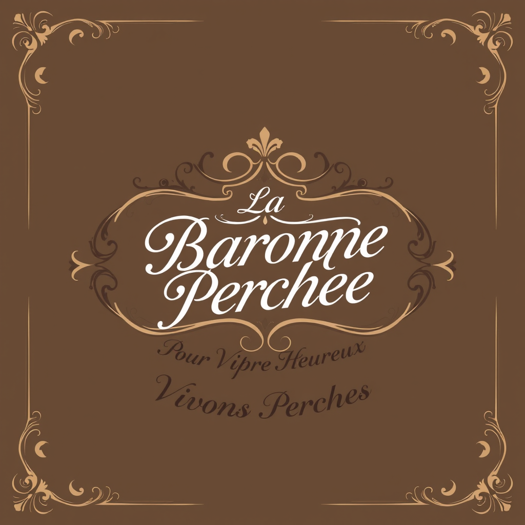 Main logo studio: Crée un logo élégant. Cadre doré rococo. Au centre du cadre : « La Baronne Perchée » en écriture manuscrite calligraphiée. Écrit en dessous du cadre «