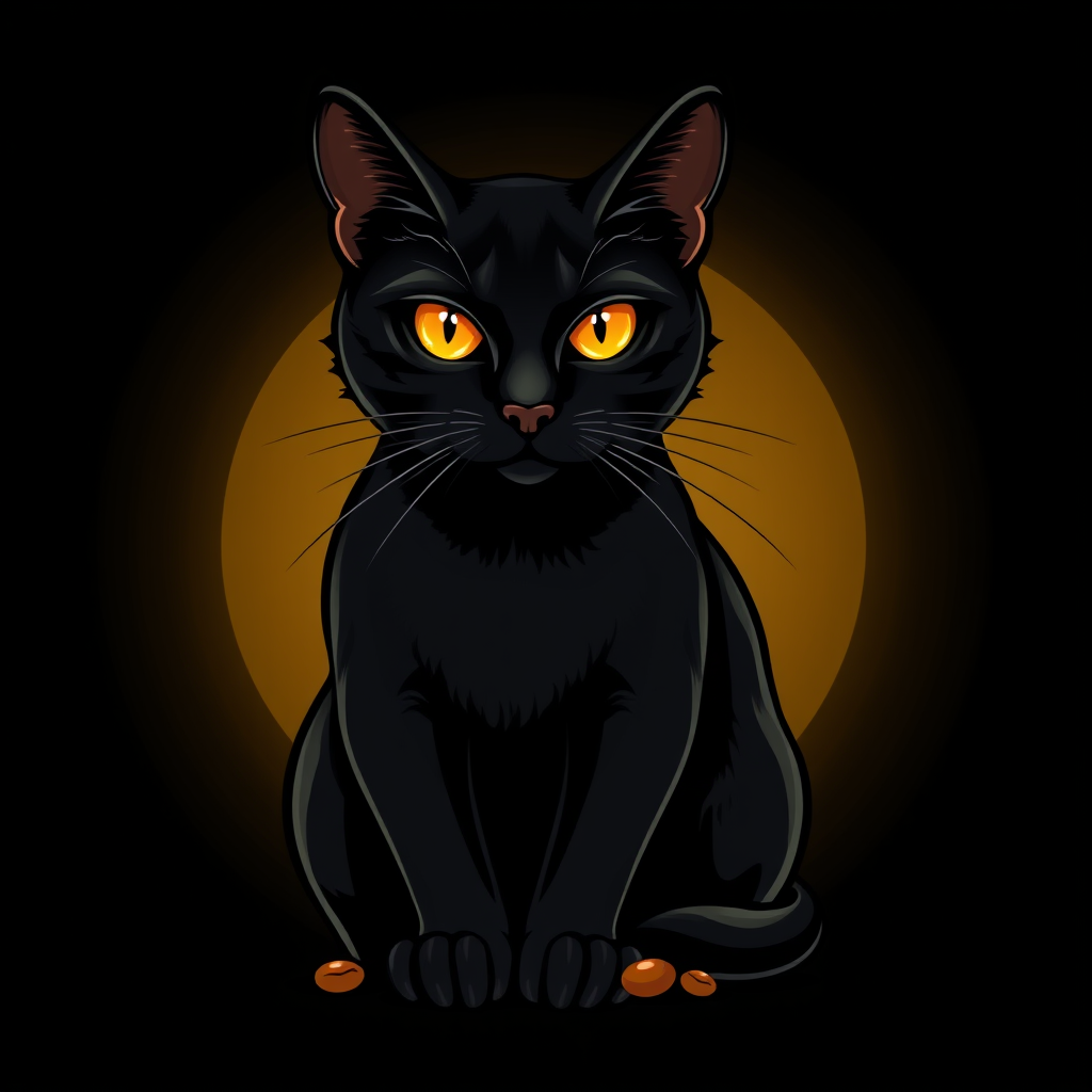 Main logo studio: Mystical black cat logo, realistic feline anatomy, sleek black fur, luminous amber-gold eyes and an intelligent mysterious gaze. Elegant upright sitti