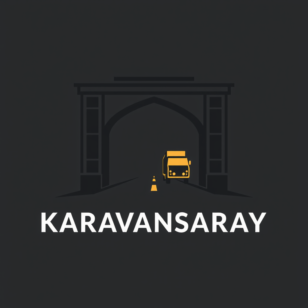 Main logo studio: Design a world-class minimalist logo for “KARAVANSARAY”, a premium modern truck stop and travel service. Create ONE iconic symbol combining a traditio