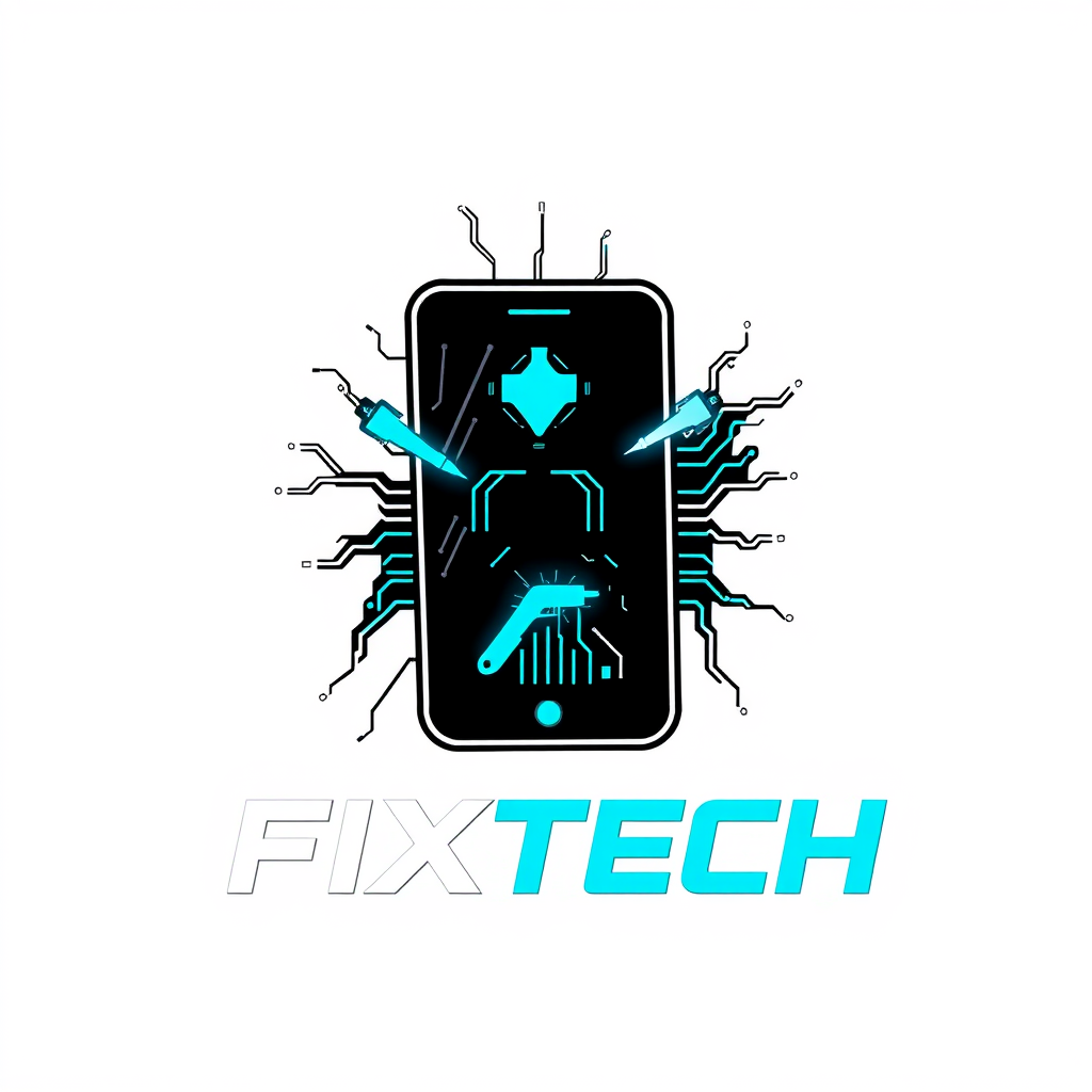 Main logo studio: Create a bold, energetic logo for FIXTECH, a smartphone and tablet repair brand. Create a distinctive graphic symbol showing a futuristic smartphone b