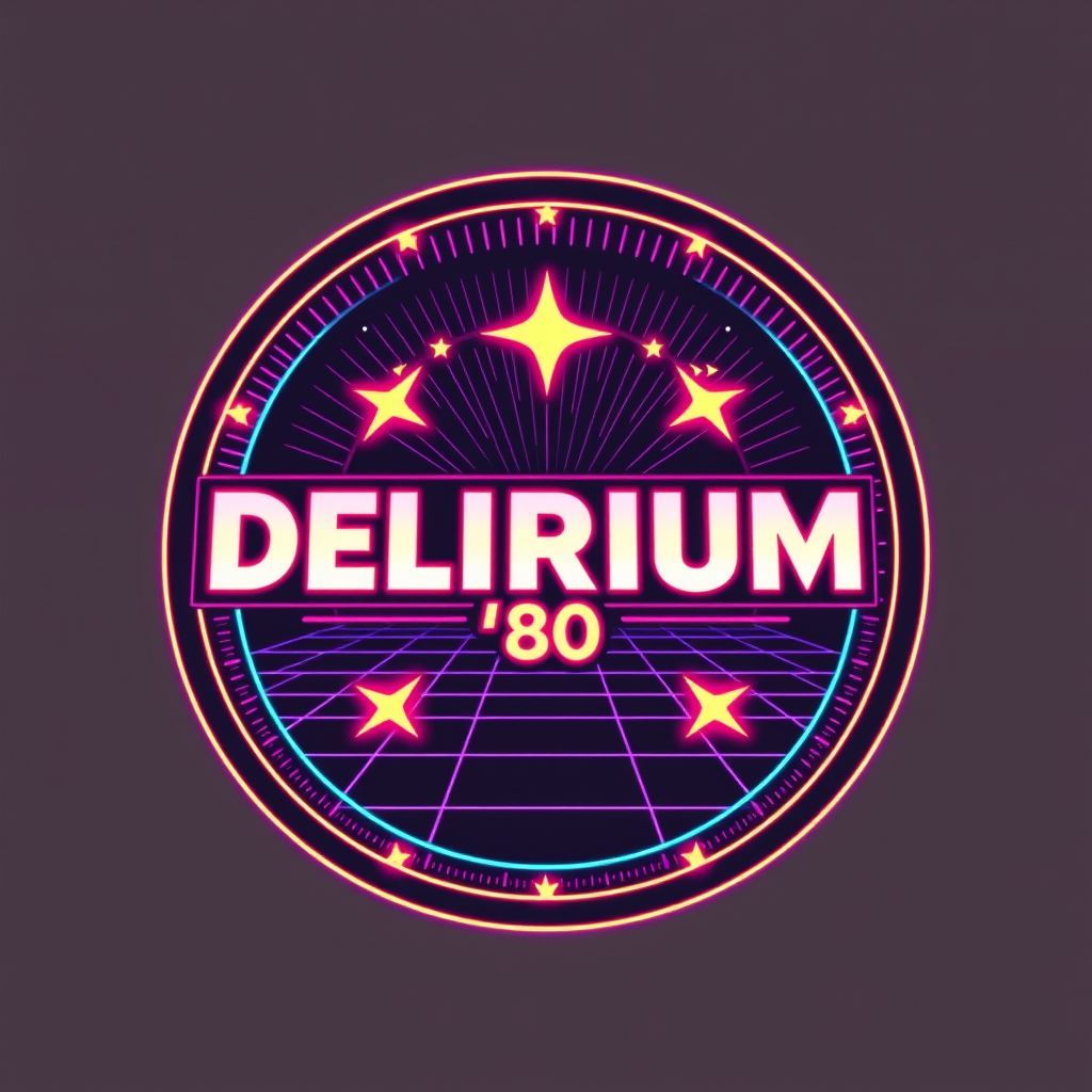 Main logo studio: Create a professional circular logo for an ’80s cover band called “DELIRIUM ’80”. The design should have a strong 1980s retro aesthetic, energetic, mu