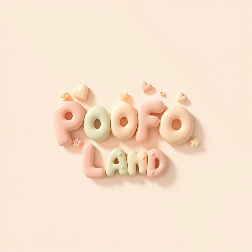 Main logo studio: Create a cute, warm, handmade clay-style logo for the brand “POOFO LAND”. Use soft pastel colors (cream, peach, pink, sage green, baby blue, warm brow