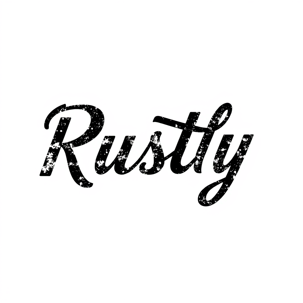 Main logo studio: "RustyB" on cursive but not elegant at all, letters are black and just white around the letters, and it makes it look like the letters are rusty, but