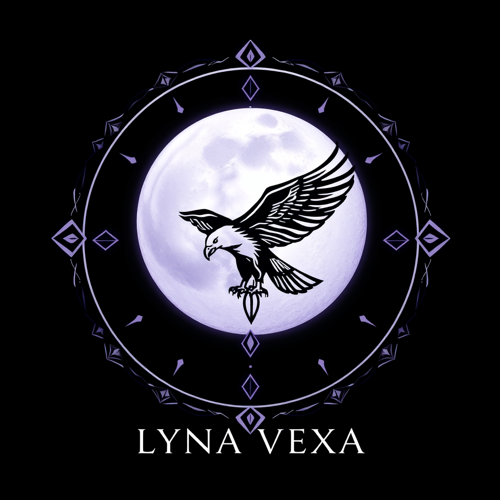 Main logo studio: LYNA VEXA — black cosmic logo with a luminous full moon, a subtle condor/eagle drawn in delicate shamanic lines at the center, silver details, soft vi