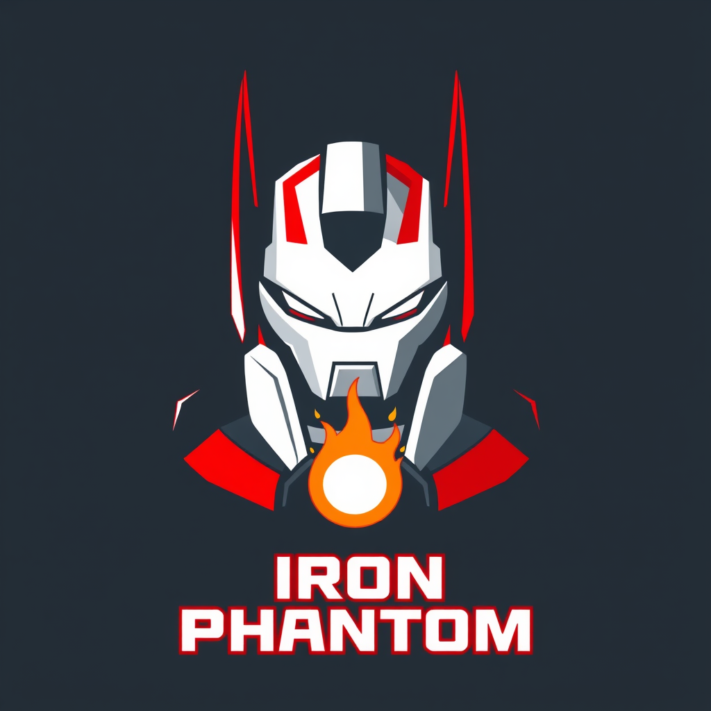 Main logo studio: PUEDES HACEER UN LOGO PARA UN CONCURSO DE ROBOT QUE SEA DE COLOR ROJO Y BLANCO Y QUE DIGA IRON PHANTOM Y QUE TENGA UN BLOQUE EN LAS MANOS