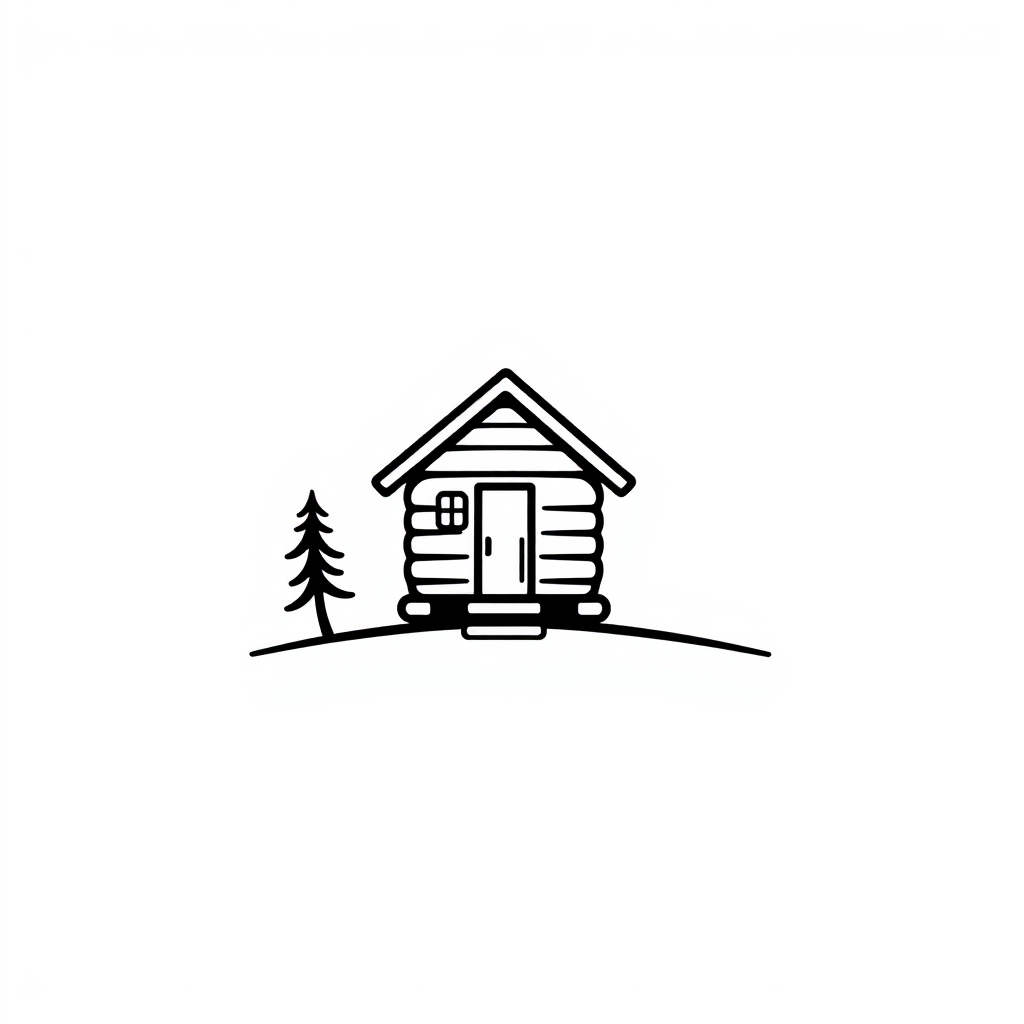 Cartoon Logo idea: cartoon style logo for “} Ultra-minimal 2D logo. Suggest a tiny cabin with only two or three abstract lines, almost symbolic rather than drawn. A smal
