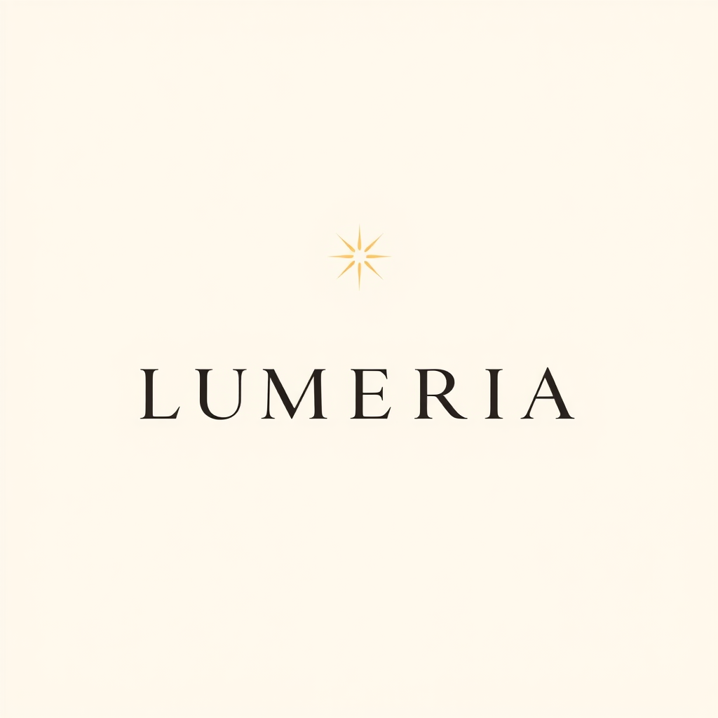 Main logo studio: Create a luxury feminine logo for a brand called LUMÉRIA. Elegant minimalist typography, champagne gold and soft cream colors, subtle sparkle or star