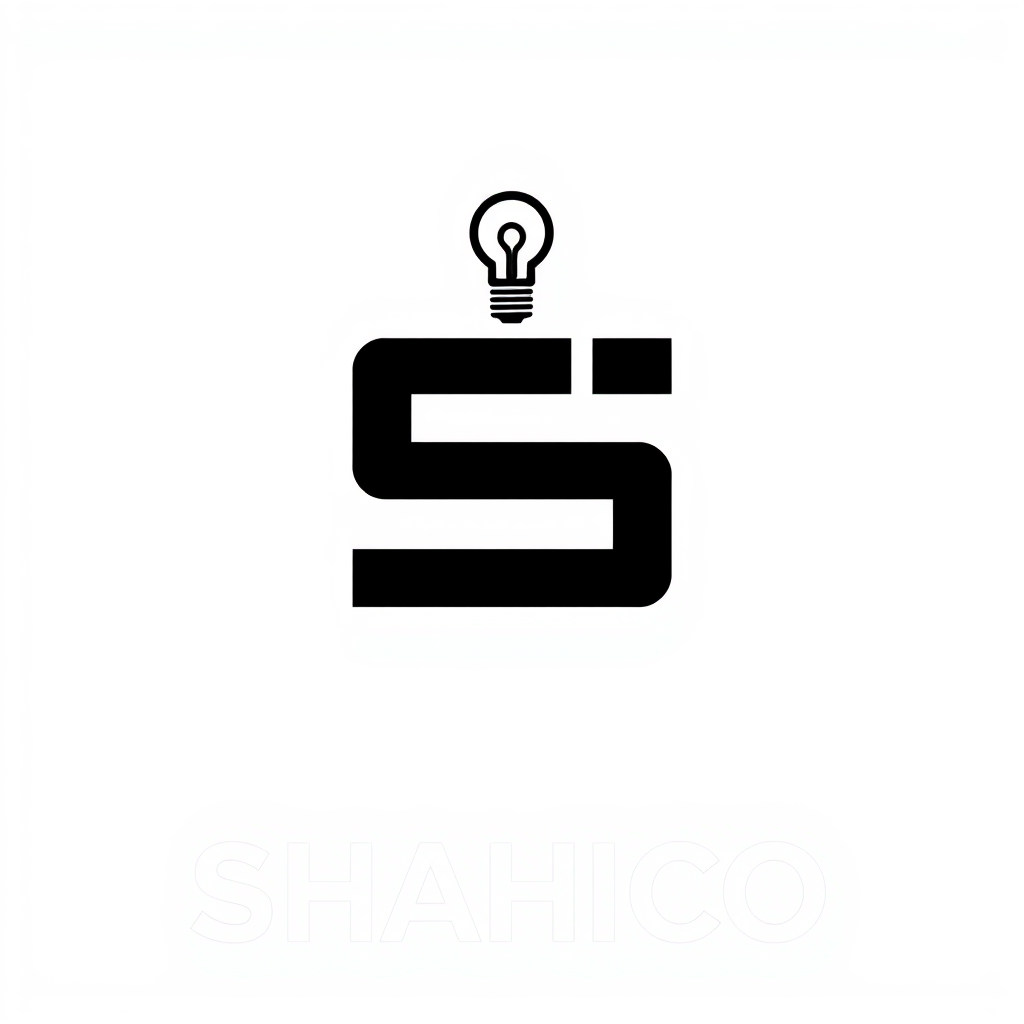 Main logo studio: Design a bold minimalist logo for "SHAHICO", an industrial electrical company. Create a strong geometric "SH" monogram inspired by electrical panels,