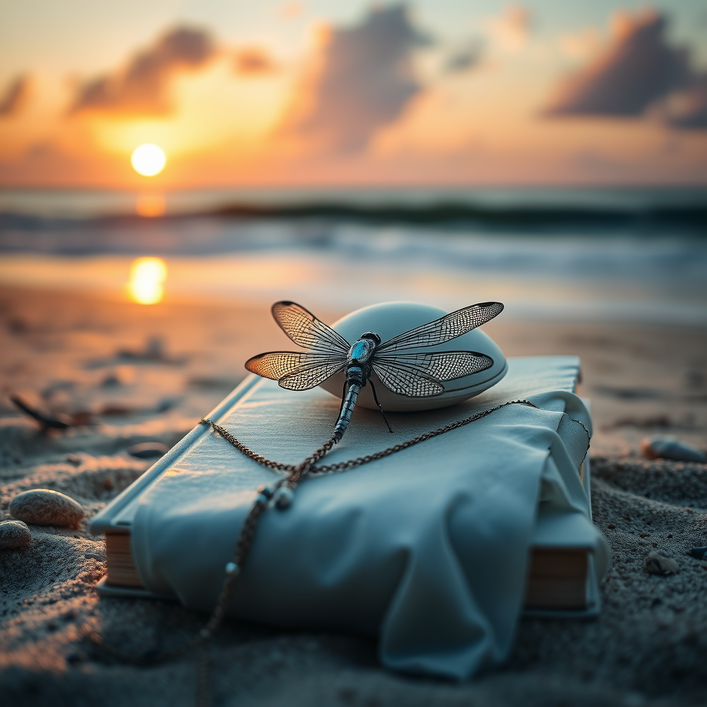 Main logo studio: Sea me jewelry design. Lighting welk and book with dragonfly on cover on beach with necklace draped over book, wave behind shell and book at sunset.