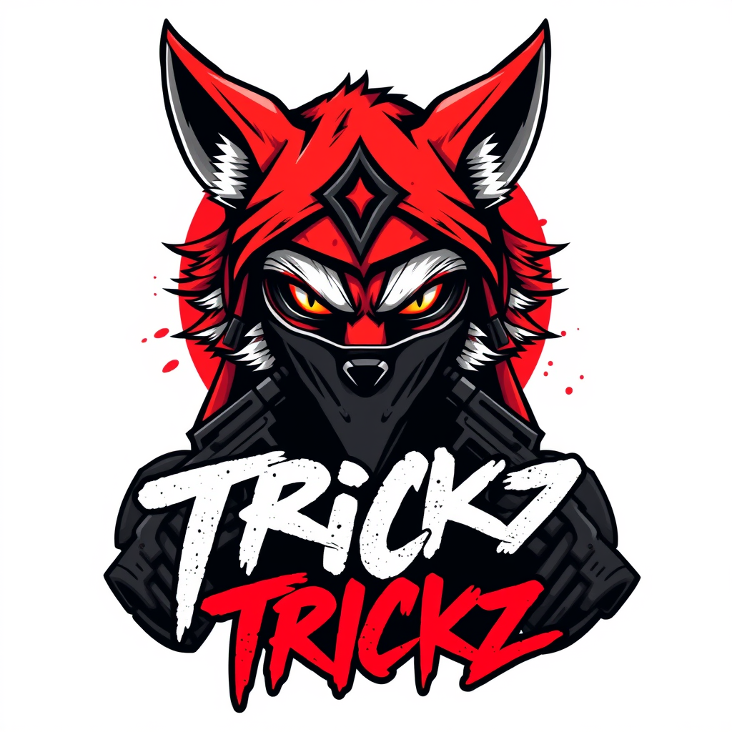 Main logo studio: “TRICKZ, Streetwear group logo, mysterious fox soldier or mobster with half mask, piercing eyes, toy guns and subtle elements of death or tryhard, cri