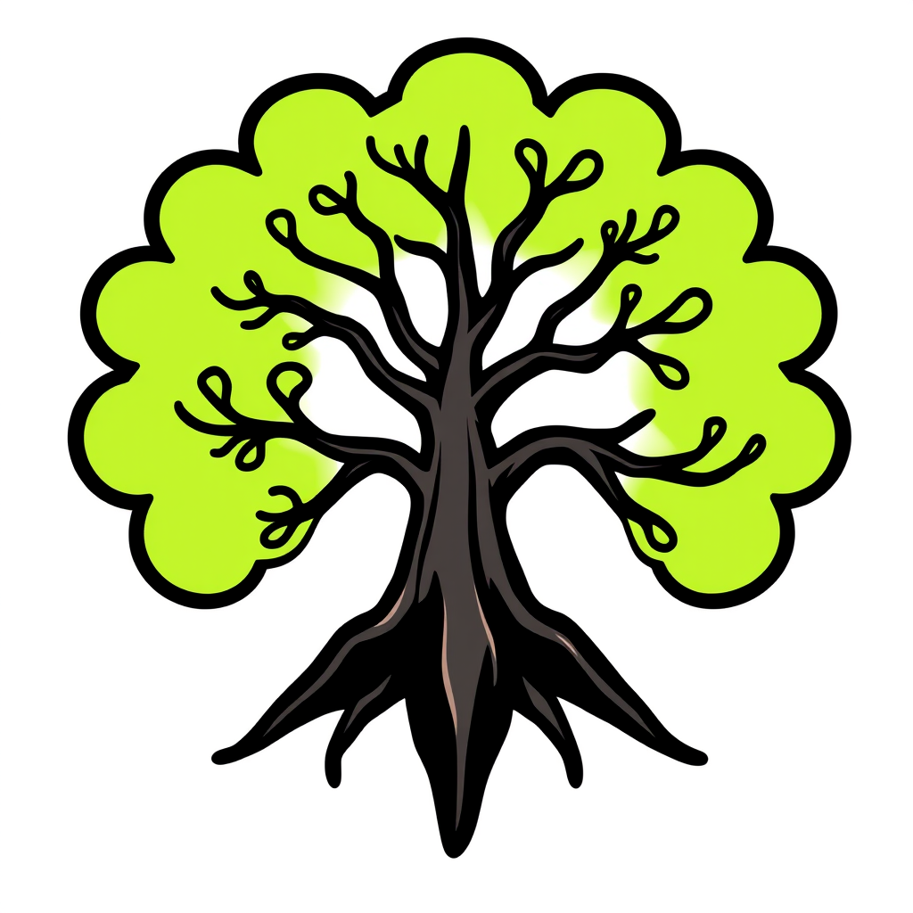 Cartoon Logo idea: cartoon style logo for “} Merge the cypress tree and architecture into ONE single unified logo shape. The tree itself must become the building — branc