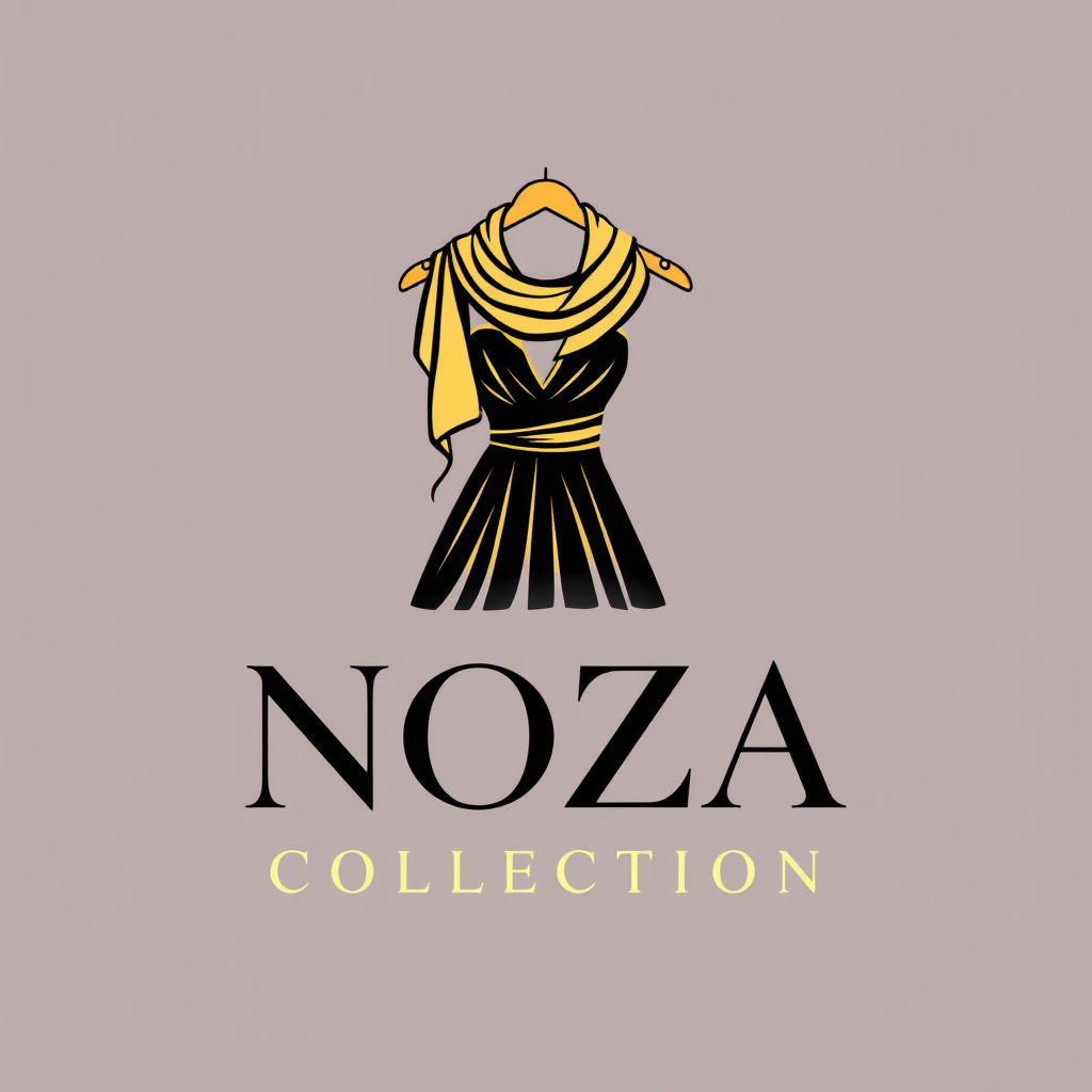 Main logo studio: NOZA COLLECTION — eye-catching luxury clothing boutique logo, elegant feminine fashion style, stylish dress and hijab/scarf subtly incorporated into t