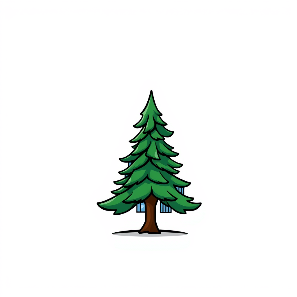 Cartoon Logo idea: cartoon style logo for A stylized pine tree seamlessly merged with a modern architectural building, the pine tree forming the main structure of the bu