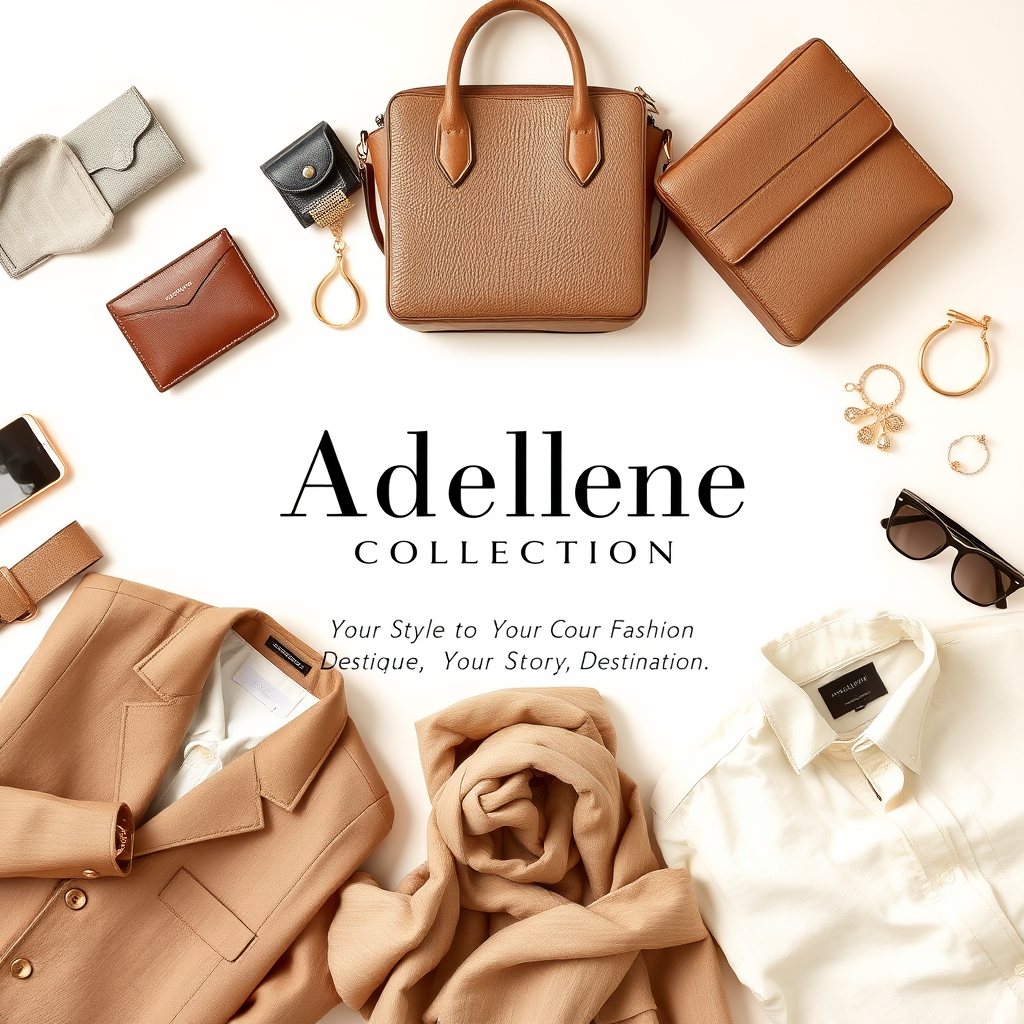 Main logo studio: Create a realistic elegant and classy fashion boutique welcome image for a brand called “Adellene Collection.” Use a sophisticated neutral color palet