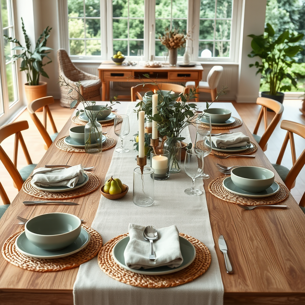 Main logo studio: Create a stunning, photorealistic dining table setting inspired by nature, organic textures, and relaxed modern living. The scene should feel fresh, p