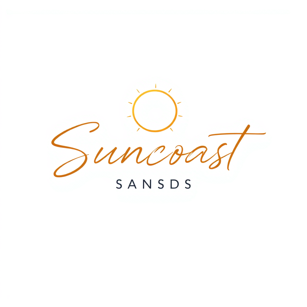 Signature Logo idea: signature logo of the name the name is suncoast sands sea resort, beaches, blue sea and sky, sun simple, palm branch , elegant handwritten calligraphy