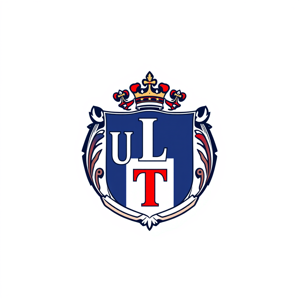 Emblem Logo idea: emblem logo of Un écusson ou il y a un U, un L, et un T dans un sens horizontal qui se chevauchent avec un fond qui rappelle les couleurs de l'armée f