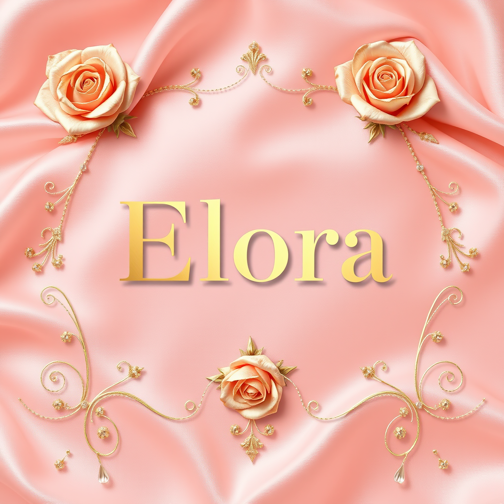 Main logo studio: Create a unique, luxurious, feminine logo for “Elora”. Use rose pink , blush pink , and champagne gold . Add an elegant satin background, delicate gol