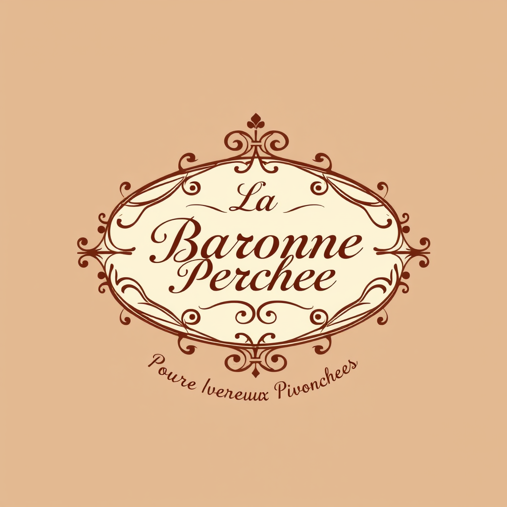 Main logo studio: Crée un logo élégant. Fond couleur crème et écriture et dessin en brun . Dessine un cadre ovale doré rococo avec des ombres portées. Écris au centre d