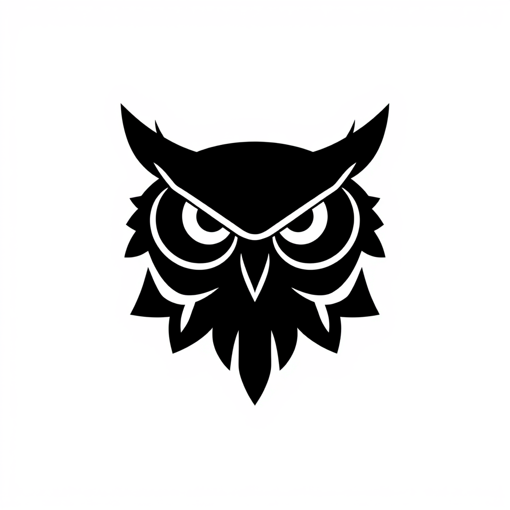 Main logo studio: Create an extremely simple, minimalist owl head logo. Front-facing, perfectly centered and symmetrical. Use only solid black and white. The entire owl