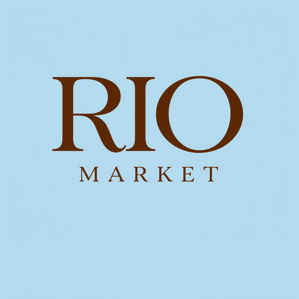 Main logo studio: Design a beautiful, elegant, modern logo for a grocery store called RIO MARKET. BACKGROUND Solid light blue background (#ADDFF1). This is mandatory. N