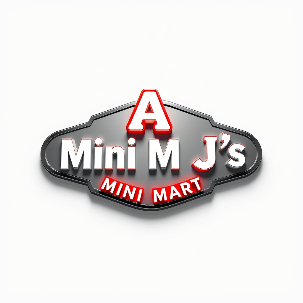 3D Logo idea: 3D logo for A mini mart wit the info Era and J's mini mart , three-dimensional render, realistic depth and shadows, glossy or metallic surface, dramat