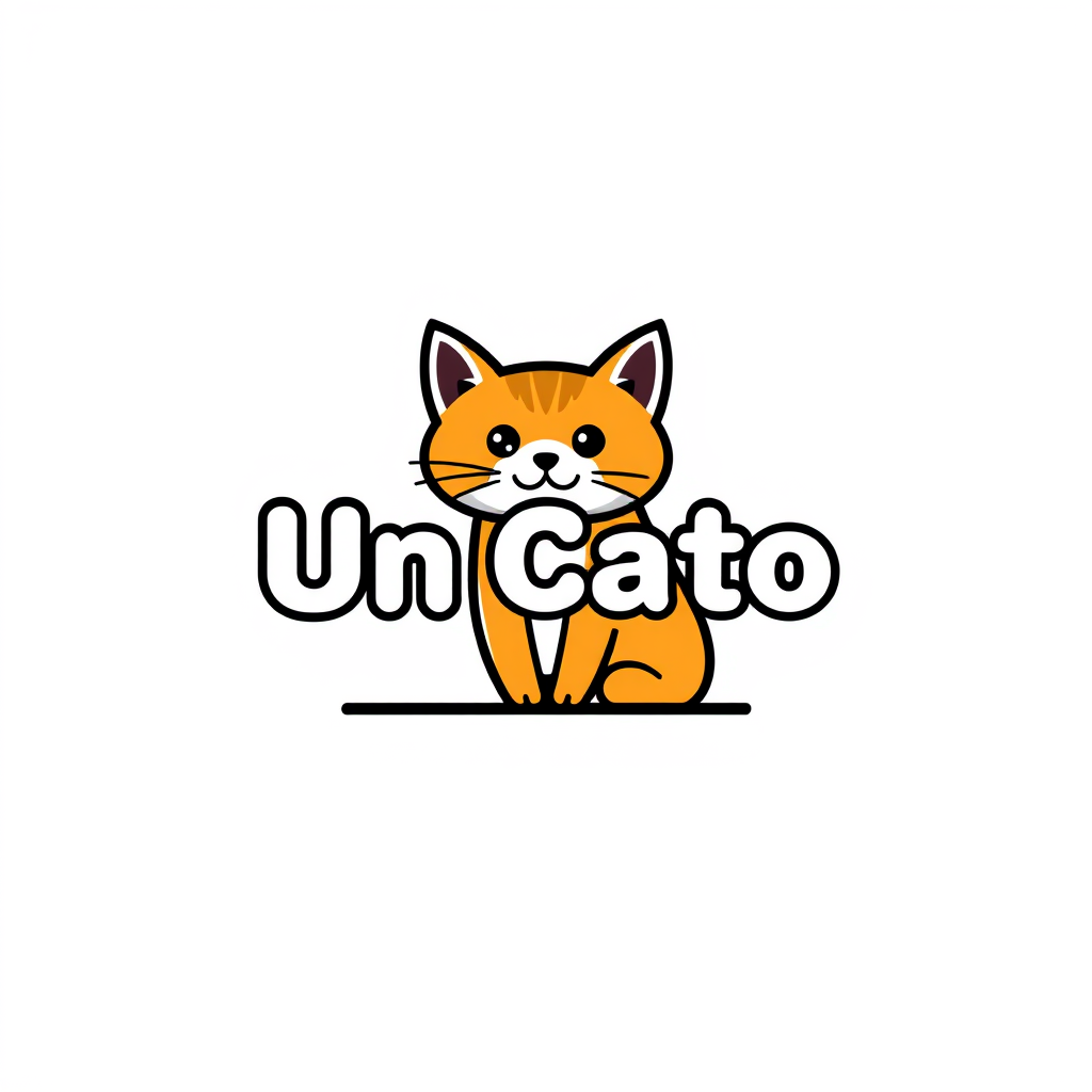 Badge Logo idea: badge logo for un logo de un gato naranja kawaii , bold badge design, text enclosed in a rounded rectangular or circular badge shape, thick border, cl