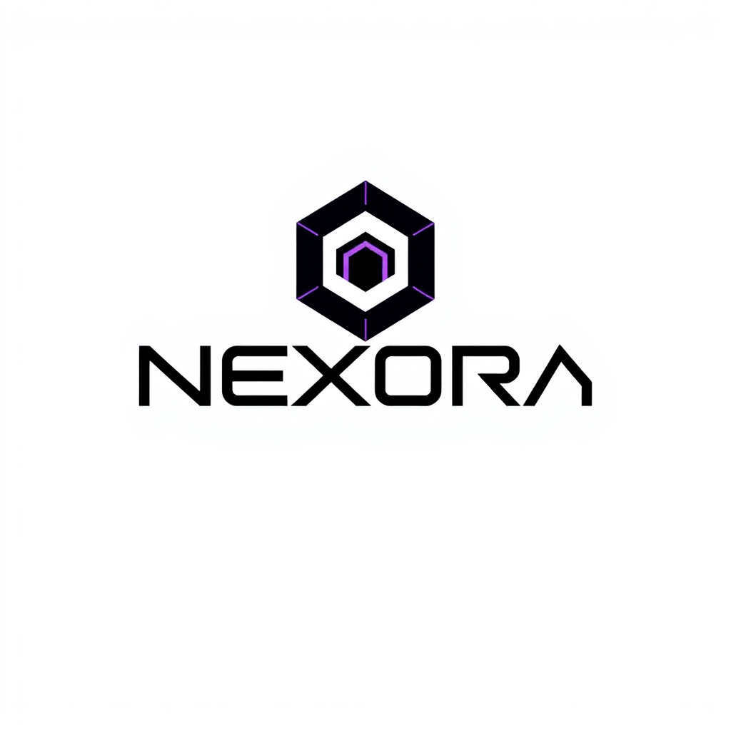Main logo studio: Create a premium futuristic logo for a hardware store named "NEXORA". Make a unique geometric symbol by merging all six letters of NEXORA into one com