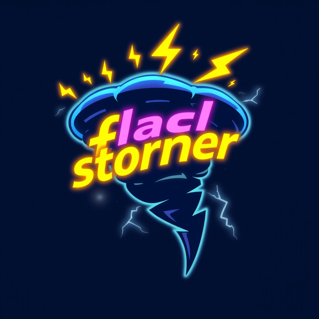 Main logo studio: flash stormer simples logo mit flASH stormer aufschrift drei farbig lila neongelb dunkelblau tornado bestehend aus blitzen ohne sterne mehr blau ohne