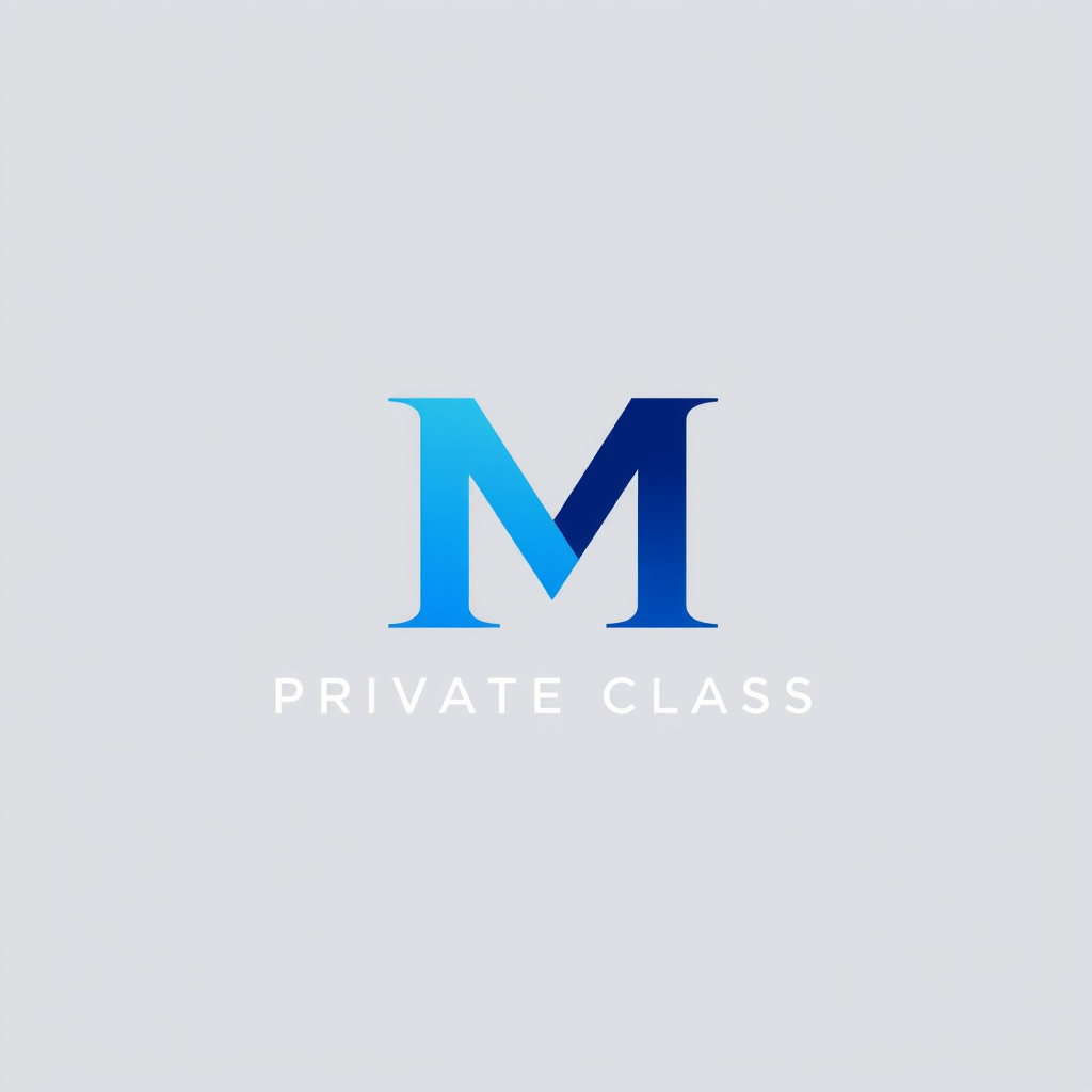 Main logo studio: My brand is private class. Use M as main logo. The color is black, blue darker, and light background.