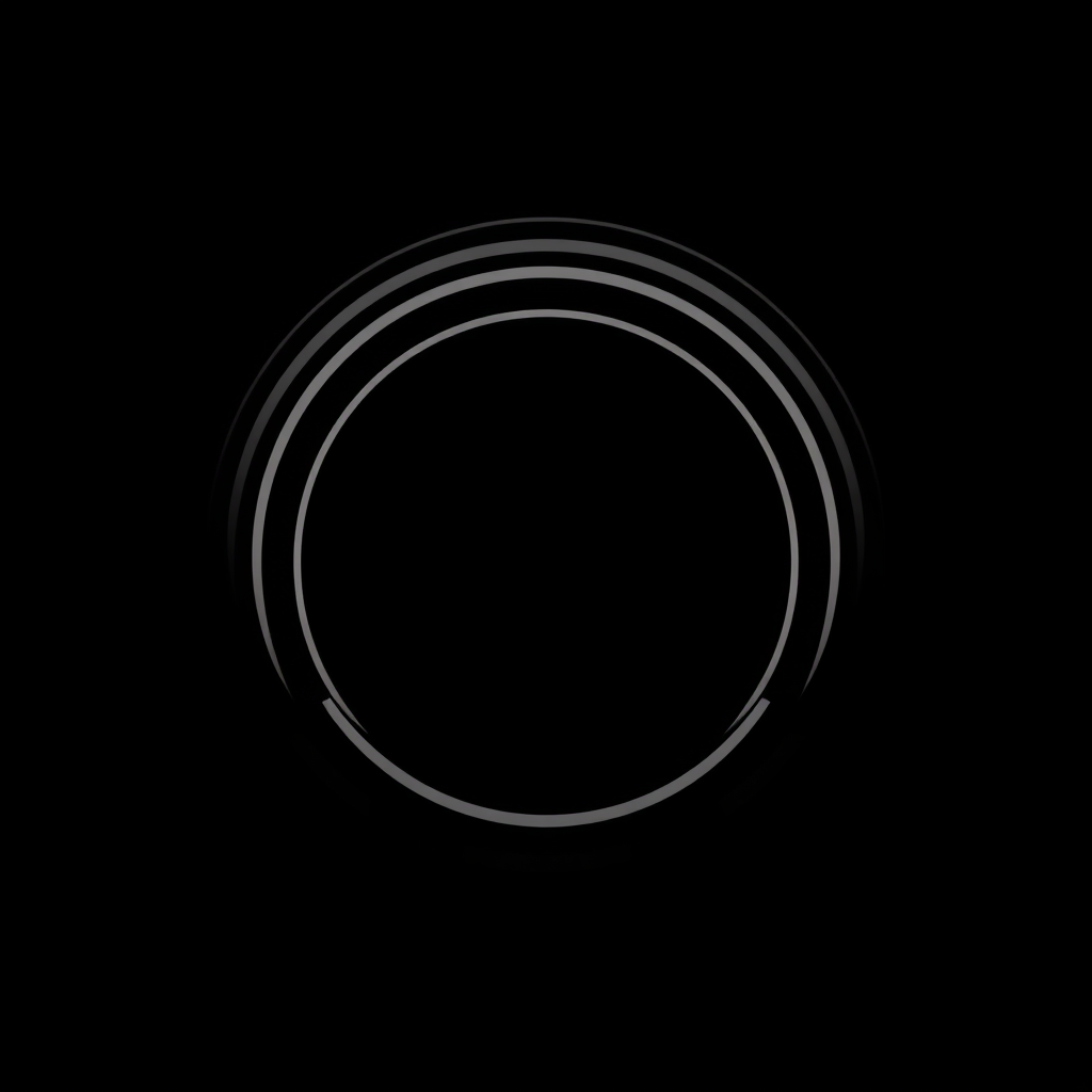 Minimalist Logo idea: minimalist logo, simple geometric mark for Minimal round white camera lens, no camera body. Black background, realistic lens rings and technical marki
