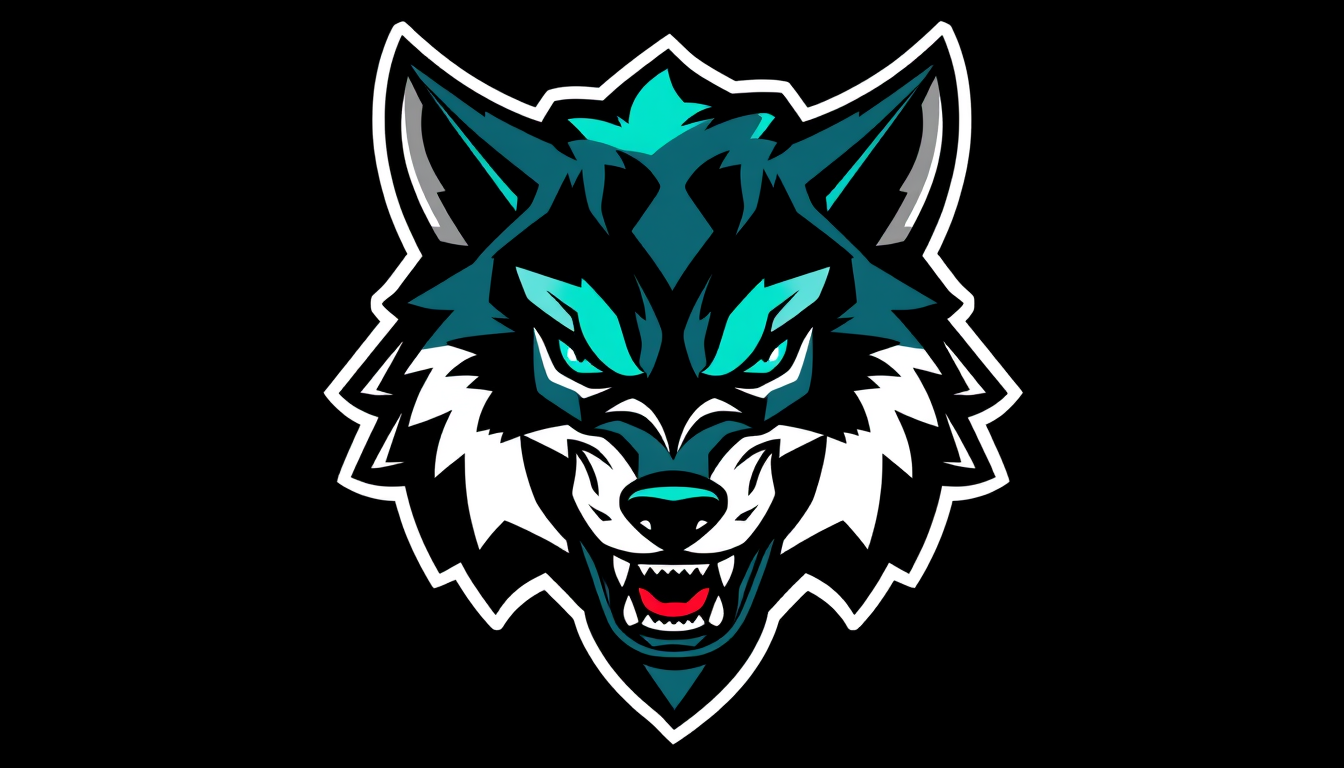 Main logo studio: bold esports team emblem logo, a roaring wolf head, black and neon teal