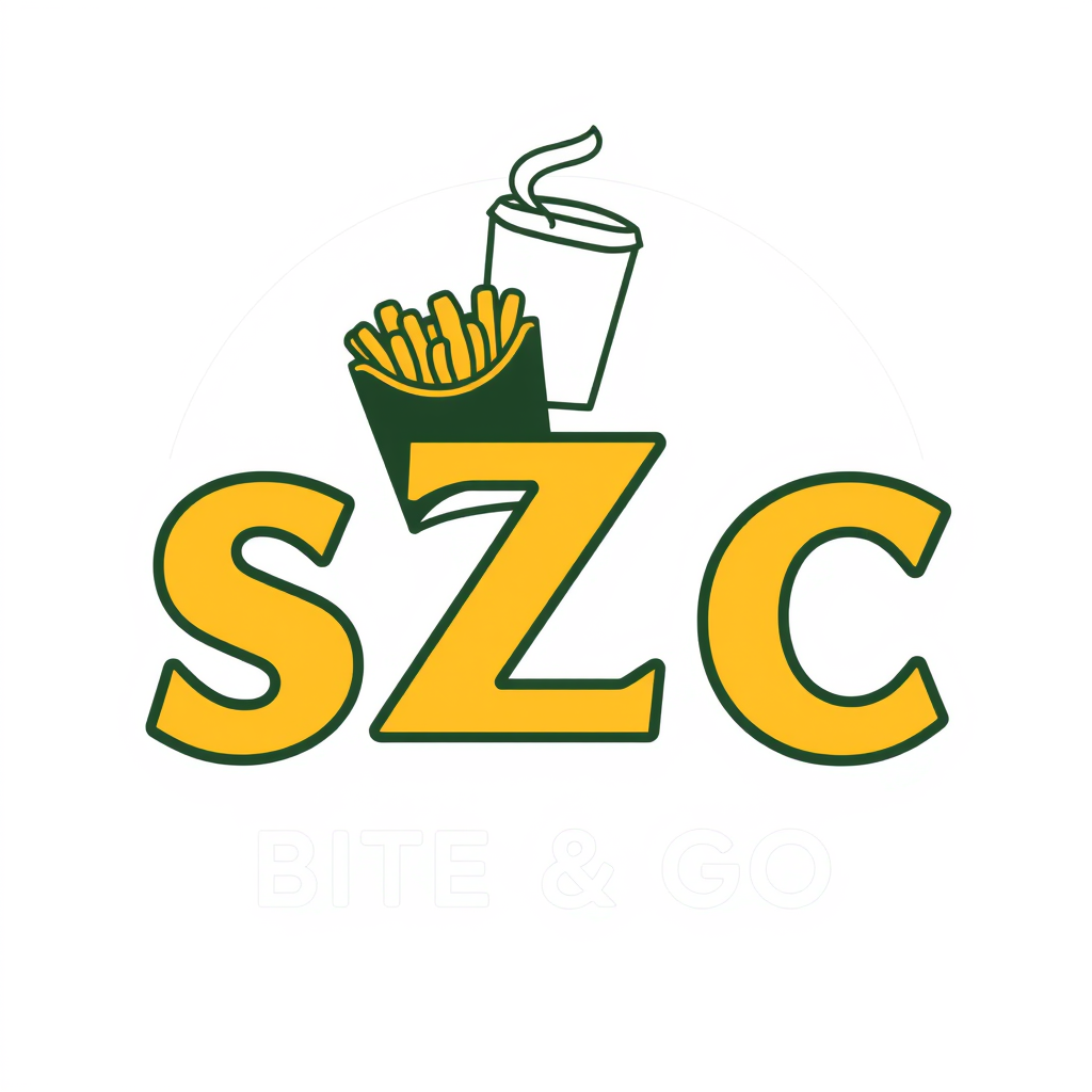 Main logo studio: SZC BITE & GO. WHITE BACKGROUND ONLY. Keep S, Z and C as three separate, fully visible letters. Above S: ONLY a small fries carton outline. Above Z: O