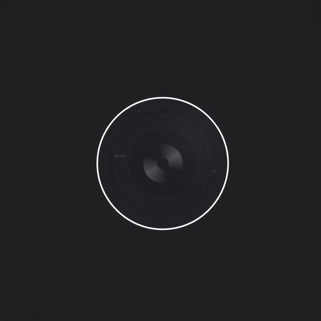 Minimalist Logo idea: minimalist logo, simple geometric mark for Minimalist logo for "photo_ale.jpg". Front view of a camera lens, designed entirely in white on a completel