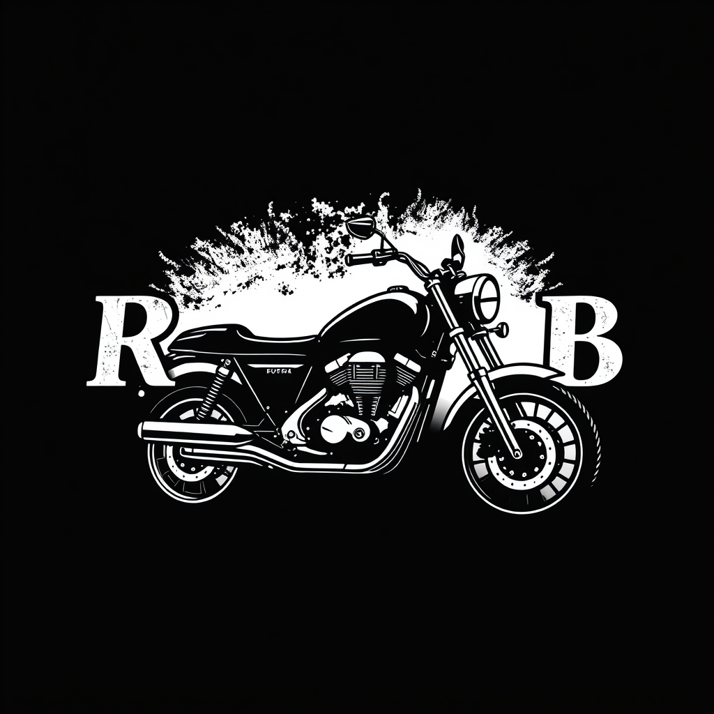 Main logo studio: "RustyB" on black and White, with a beautiful font, motorbike logo