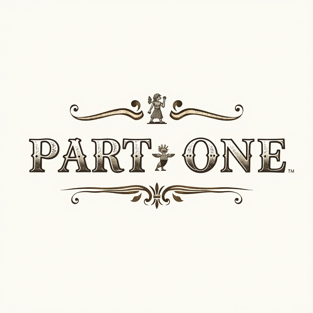 Vintage Logo idea: vintage retro logo for Write "PART ONE" with hieroglyph inside the letters , classic retro design, aged typography, hand-drawn vintage illustration st