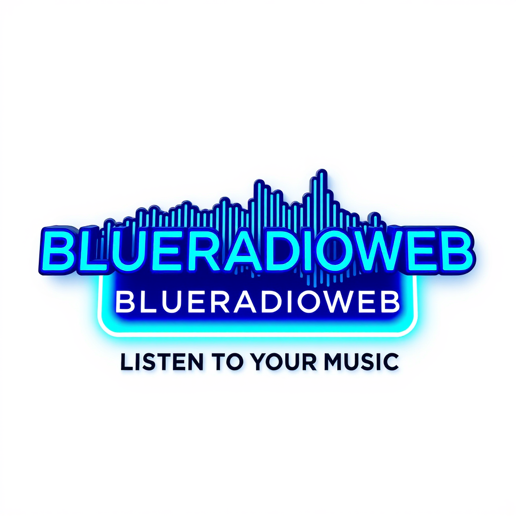 3D Logo idea: 3D logo for BLUERADIOWEB LISTEN TO YOUR MUSIC , a music tech brand, 3D sound wave form, neon blue glow , three-dimensional render, realistic depth and