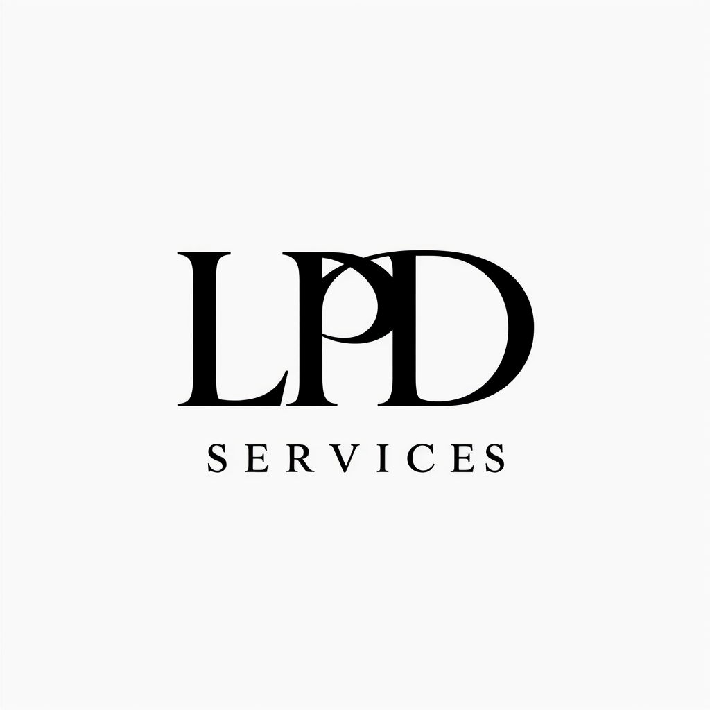 Monogram Logo idea: monogram logo combining the letters LPD SERVICES. SWIMMING POOL ELECTRICAL WORK , elegant intertwined letterforms, flat vector logo, centered, solid w