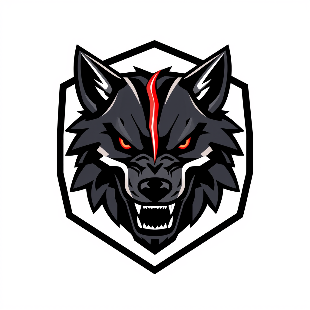 Main logo studio: Icon only, absolutely no letters, no text, no typography, no words anywhere in image. Esports logo, front-facing symmetrical wolf head, mouth open sna