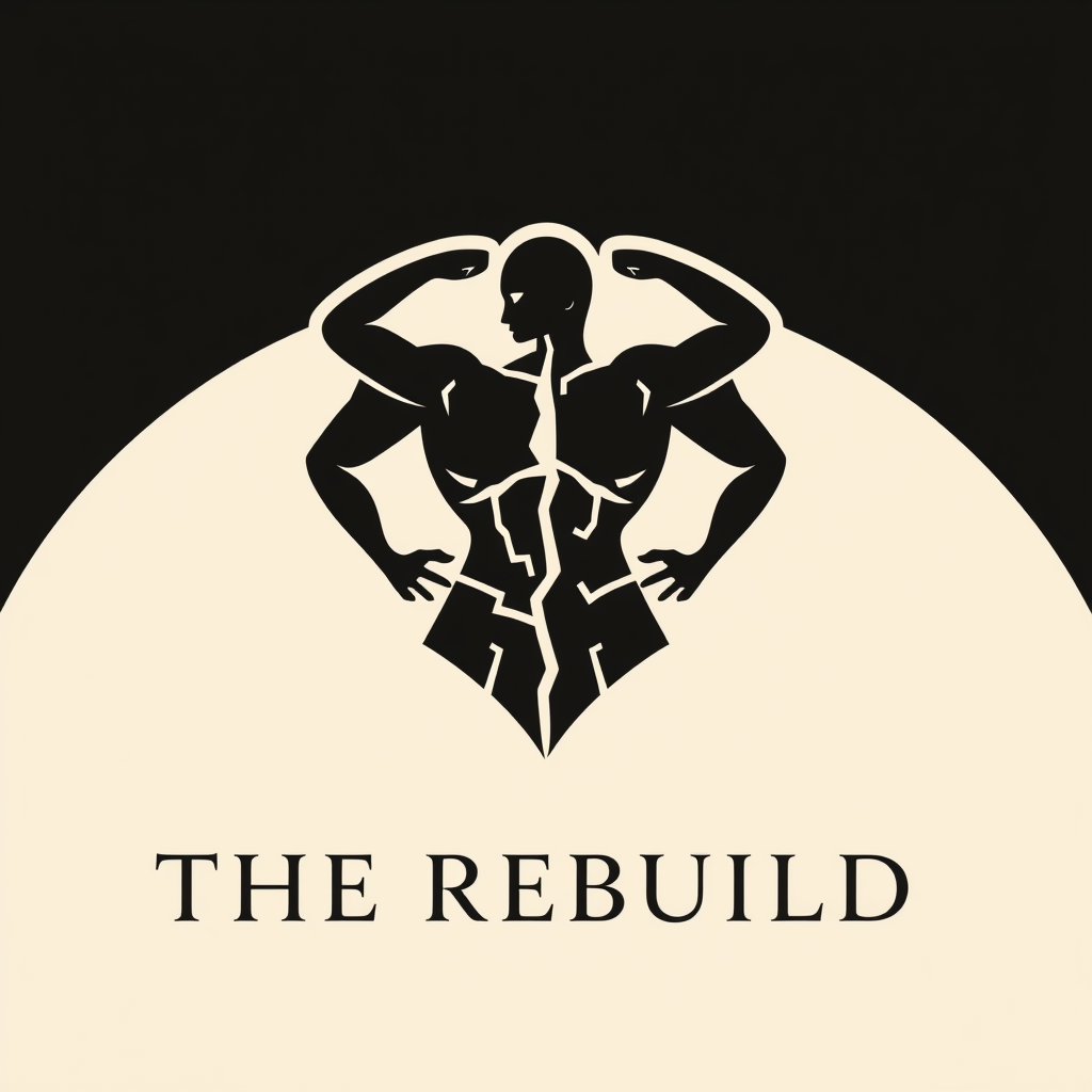 Main logo studio: Luxury identity for THE REBUILD. Design one abstract emblem showing fractured pieces coming together into a refined, powerful human form. Subtle R+B h
