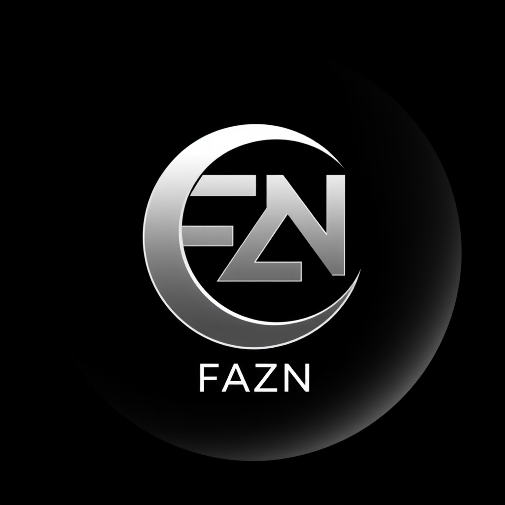 Main logo studio: Premium minimalist emblem logo for “ FAZN”. Create a powerful custom symbol using the letters “F"and “Nmerged with a crescent moon. Black circular bac