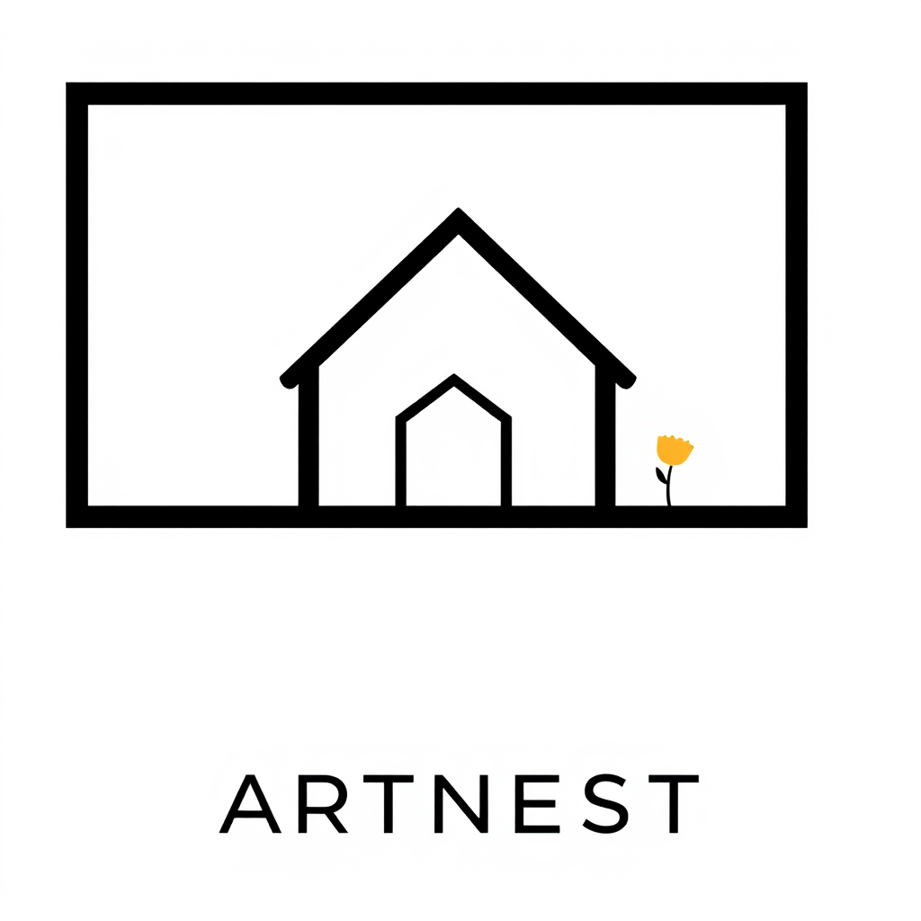 Main logo studio: Create a distinctive modern app logo for “ARTNEST”, a personalized photo frame and wall décor platform. Use an abstract geometric frame icon with a su
