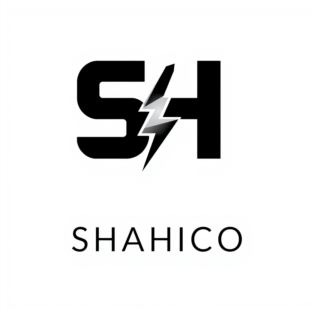 Main logo studio: Create a modern minimalist logo for "SHAHICO". Design the first letters "SH" as a distinctive combined monogram with subtle industrial electrical elem