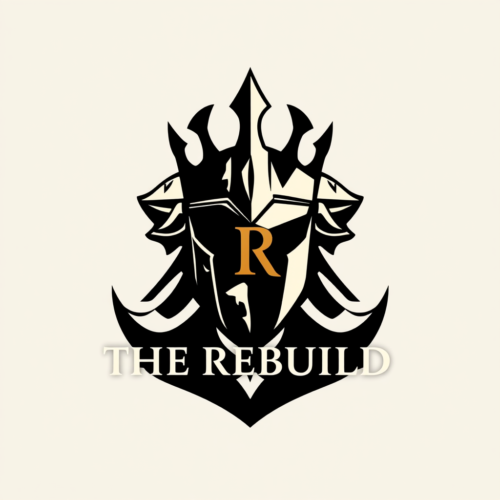 Main logo studio: Iconic luxury logo for **THE REBUILD**. Symbolize a broken, battle-worn soldier transforming into a powerful king — struggle becoming strength. Create