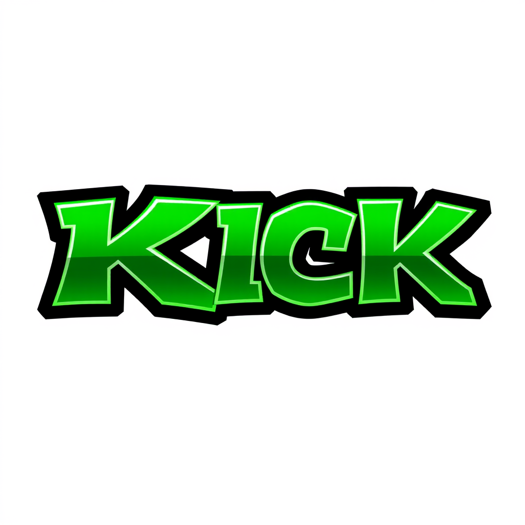 Main logo studio: Create a small logo featuring the word “Kick” in its signature green color palette. Use a bold, stylish graffiti-inspired font that looks smooth, cool