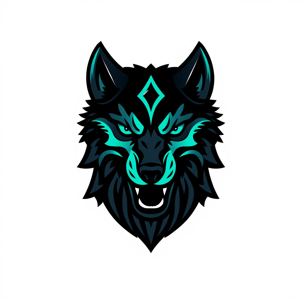 Emblem Logo idea: emblem logo of bold esports team emblem logo, a roaring wolf head, black and neon teal , intricate crest seal badge design, symmetrical emblem, detail