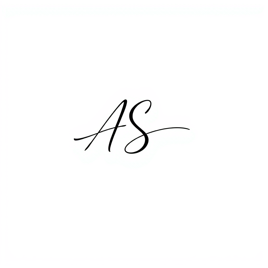 Monogram Logo idea: monogram logo combining the letters A S, elegant personal signature, minimal, handwritten, intertwined letters, black ink, simple enough to draw by ha