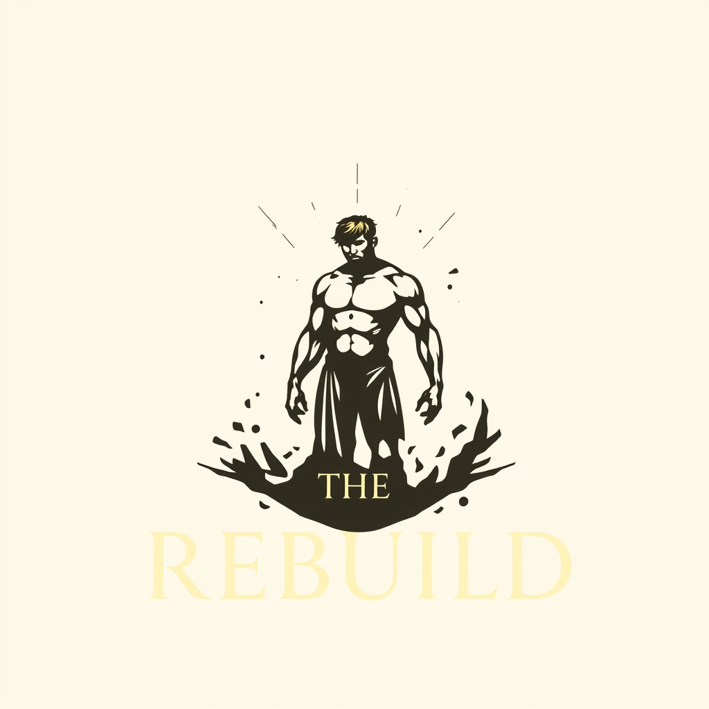 Main logo studio: Iconic luxury logo for THE REBUILD. One broken, battle-worn human figure gradually emerging into a stronger, refined version of himself — symbolizing 